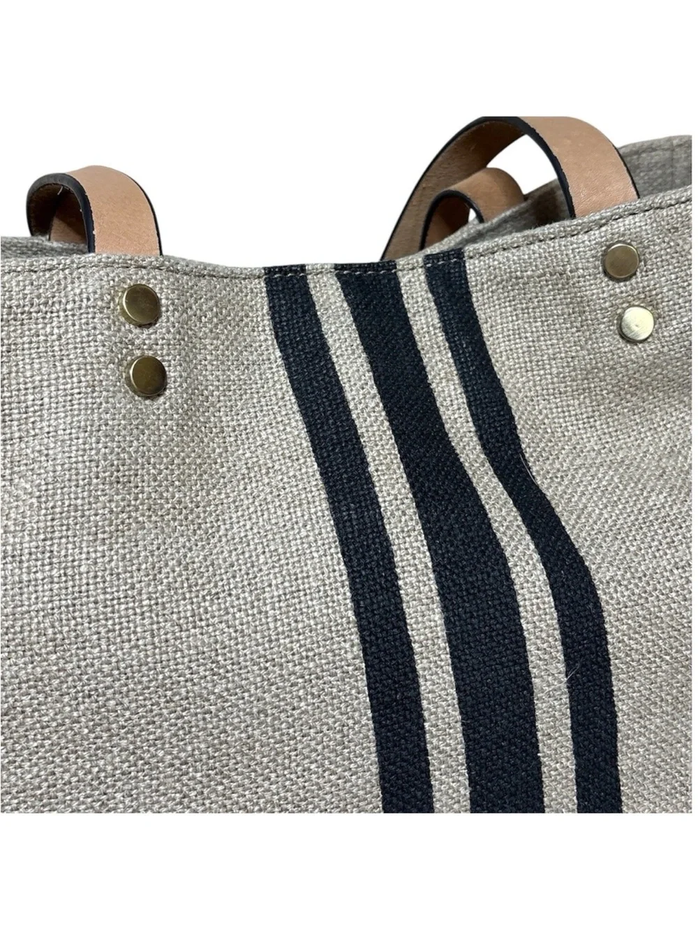 J Jill Linen Italian Leather Stripe Tote Bag Coastal Grandma Hamptons Chic Large